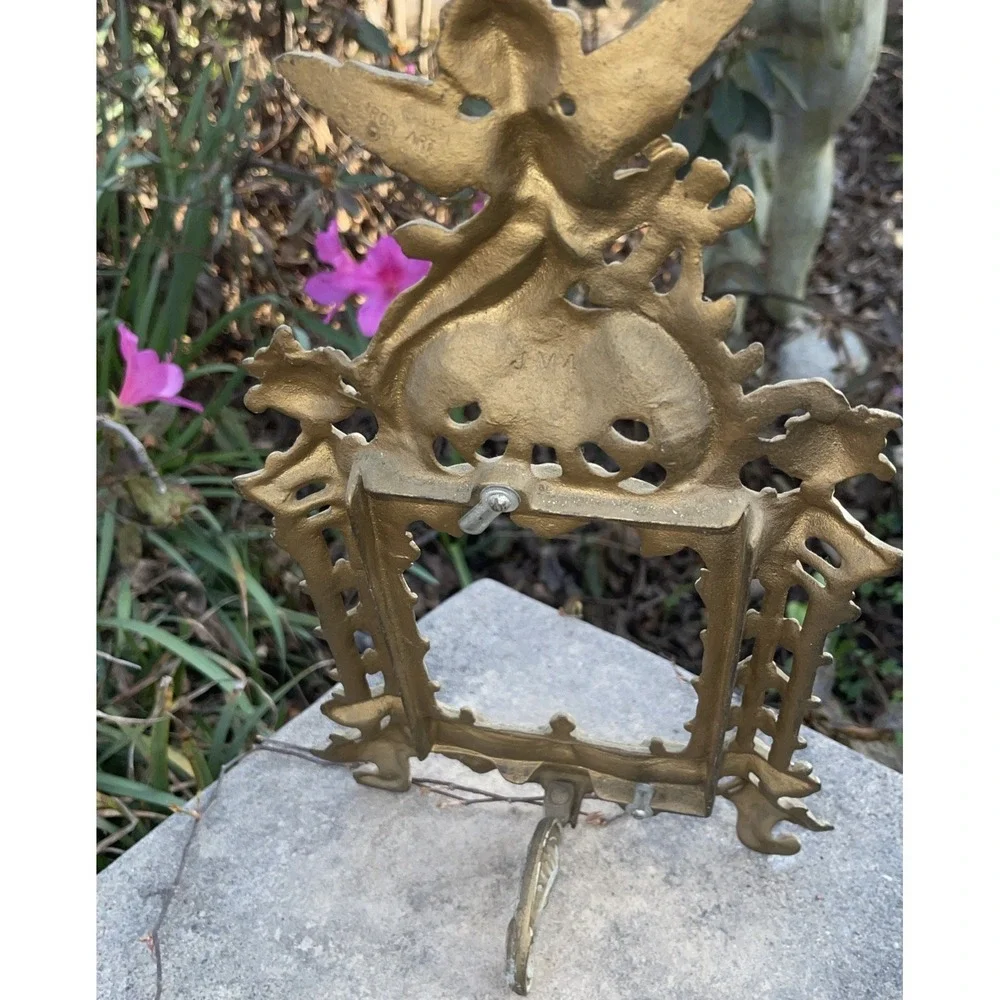 Rare Cherub Antique Ornate Cast Iron Angel Harp Picture Photo Frame 14